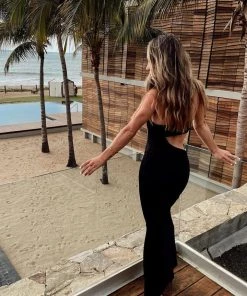 BEIGE BOTANY Biltmore Black Satin Midi Dress CLOTHING