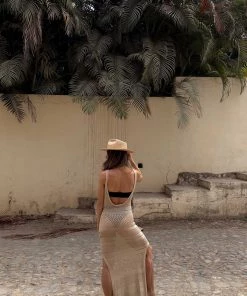 CLOUD TEN CLOTHING Celeste Beige Crochet Maxi Dress