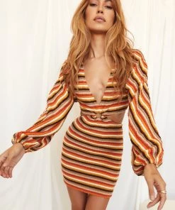 ACOA Free Bird Multi Crochet Long Sleeve Mini Dress