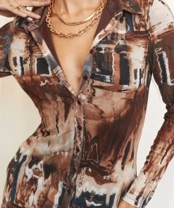 ET CLET CLOTHING Pollock Brown Button Up Mesh Dress