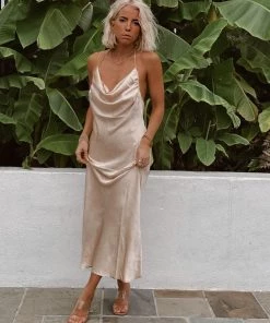 BEIGE BOTANY Isabella Nude Satin Maxi Dress