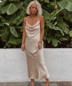 BEIGE BOTANY Isabella Nude Satin Maxi Dress