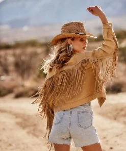 LE LIS Desert Palm Tan Fringe Denim Jacket CLOTHING