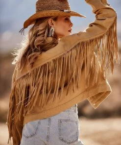 LE LIS Desert Palm Tan Fringe Denim Jacket CLOTHING
