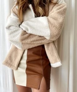 LE LIS CLOTHING Dulce Tan Colorblock Leather Skirt