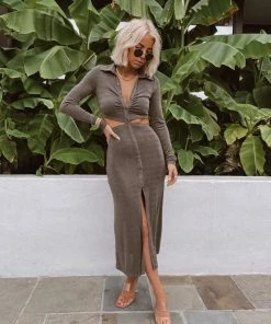 ACOA Afternoon Delight Olive Cutout Midi Dress CLOTHING